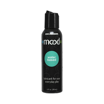 Bottle of Doc Johnson Mood water-based lubricant with black label and teal circle, 4 fl oz pump container.