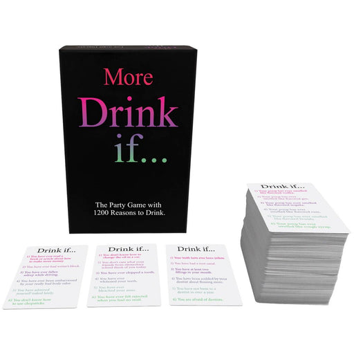 More Drink If game box with a stack of cards and four sample cards featuring fun drinking prompts.