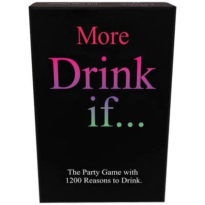 Black box packaging of More Drink If Game party game with colorful gradient text and tagline about 1200 reasons to drink.
