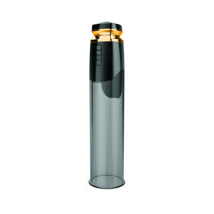 Sleek black and gold rechargeable penis pump with clear measuring chamber and easy control buttons.