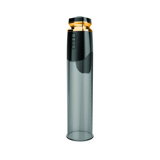 Sleek black and gold rechargeable penis pump with clear measuring chamber and easy control buttons.