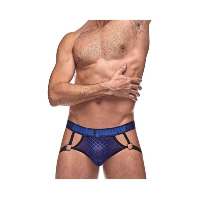 Male model wearing blue diamond mesh jockstrap with branded waistband and black elastic leg straps.