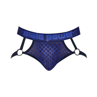 Blue diamond mesh jockstrap with branded waistband and adjustable leg straps by Male Power.