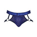 Blue diamond mesh jockstrap with branded waistband and adjustable leg straps by Male Power.