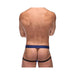 Rear view of a man wearing a blue diamond mesh jockstrap with black leg straps and a navy waistband.