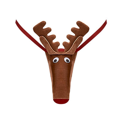 Brown reindeer-themed novelty G-string with plush antlers, googly eyes, and red elastic waistband.