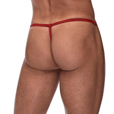 Rear view of a man wearing a minimal red G-string with thin elastic straps.