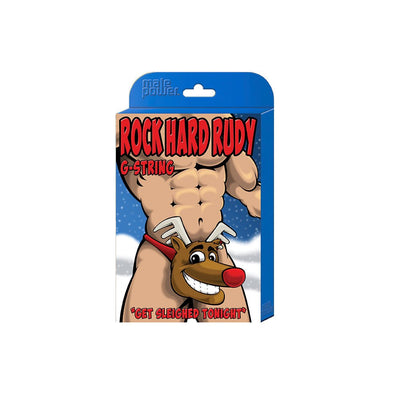Packaging of Male Power Rock Hard Rudy novelty reindeer-themed G-string with cartoon muscular torso and festive design.