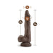 Brown realistic dildo with suction cup base, showing measurements for length, insertable length, girth, and diameter.