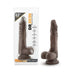 Realistic dark brown dildo with suction cup base shown in and out of packaging, 8.5 inches long, body-safe material.