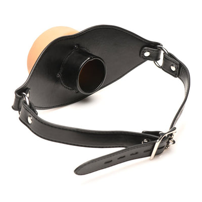 Black adjustable vegan leather mouth gag with a realistic textured TPE insert and metal buckle closure.