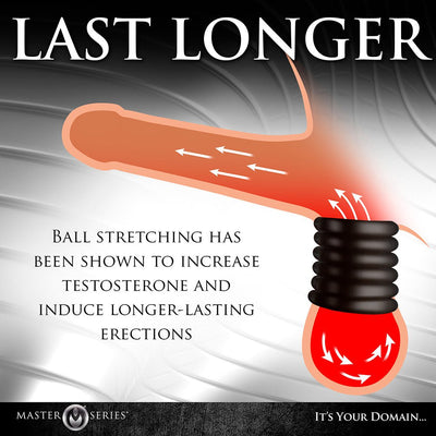 Diagram showing a black stacked ball stretcher on a stylized penis with arrows indicating increased blood flow and text about longer-lasting erections.