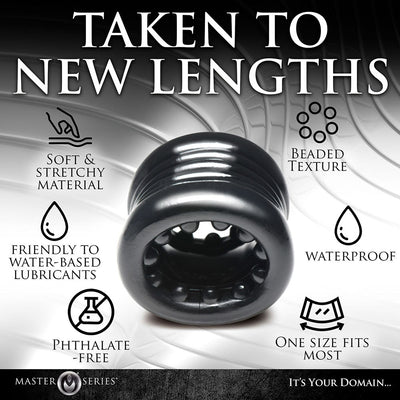 Black stacked ball stretcher with textured nubs, soft stretchy material, waterproof and phthalate-free design.