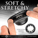Black stretchy ball stretcher with textured nubs shown being stretched by fingers for comfort and durability.