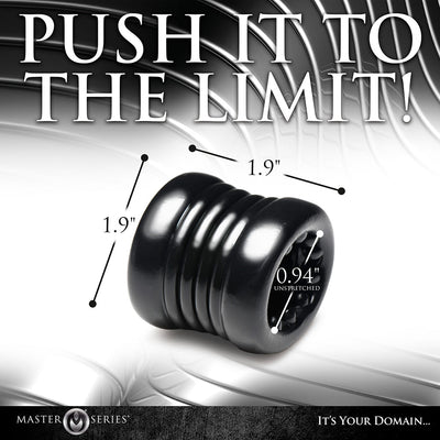 Black stacked ball stretcher with textured interior and dimensions labeled on a metallic background.