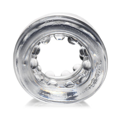 Clear stretchy ball stretcher with textured nubs inside for added stimulation and comfort.