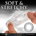Clear stretchy ball stretcher held between fingers showing soft, durable TPE material with textured nubs for added stimulation.