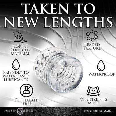 Clear stacked ball stretcher with textured nubs, soft stretchy material, waterproof and phthalate-free design.