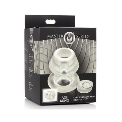 Packaging box of Master Series Ms Clear Hollow Anal Dilator showing the transparent hollow anal plug and removable base plug.