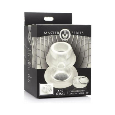 Packaging box of Master Series Ms Clear Hollow Anal Dilator featuring a transparent hollow anal plug with removable base plug.