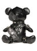 Black vegan leather teddy bear dressed in detailed gimp harness and collar with silver hardware, sitting upright.