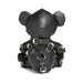Back view of black vegan leather teddy bear dressed in detailed gimp harness with silver buckles and straps.