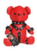 Red vegan leather teddy bear wearing black gimp harness straps and cuffs with silver studs and buckles.