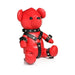 Red vegan leather teddy bear wearing black gimp harness and cuffs with silver studs and buckles.