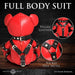 Red vegan leather teddy bear dressed in black gimp harness with nickel-free metal buckles and rings, shown from back.