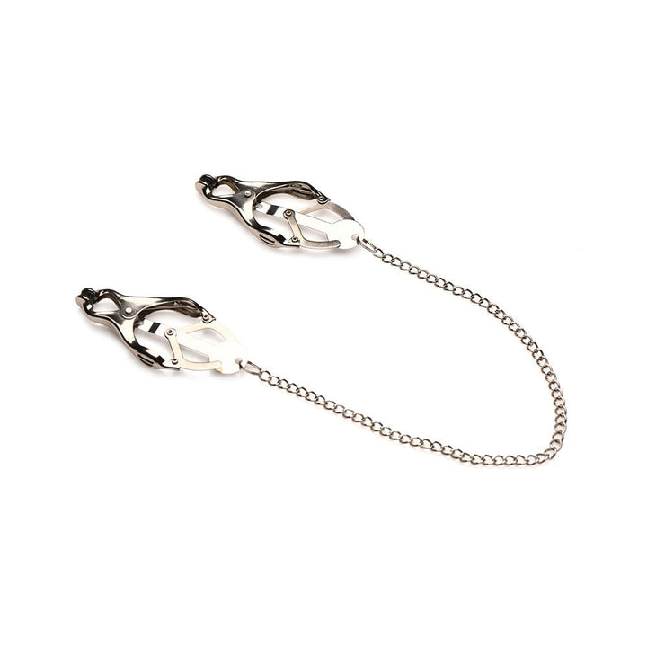 Silver metal clover-style nipple clamps connected by a 12-inch chain with spiked rubber tips for added sensation.