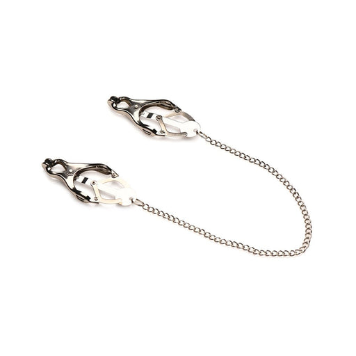 Silver metal clover-style nipple clamps connected by a 12-inch chain with spiked rubber tips for added sensation.