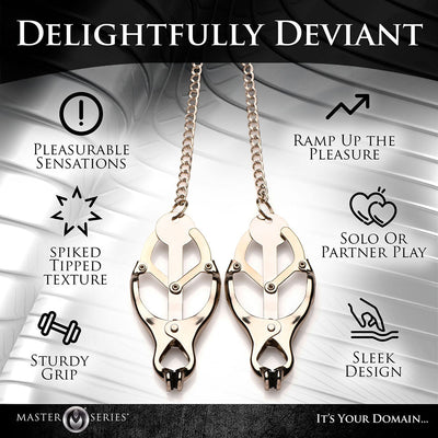 Silver spiked clover nipple clamps connected by a 12-inch chain with product benefits text on a sleek background.