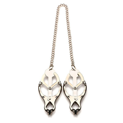 Silver metal clover-style nipple clamps with spiked rubber tips connected by a 12-inch chain.