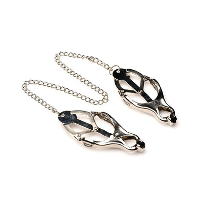 Silver metal clover nipple clamps with spiked rubber tips connected by a 12-inch chain on a white background.