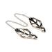 Silver metal clover nipple clamps with spiked rubber tips connected by a 12-inch chain on a white background.