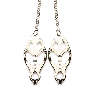 Silver metal Ms Primal Spiked Clover Nipple Clamps with 12-inch chain and black spiked rubber tips on white background.