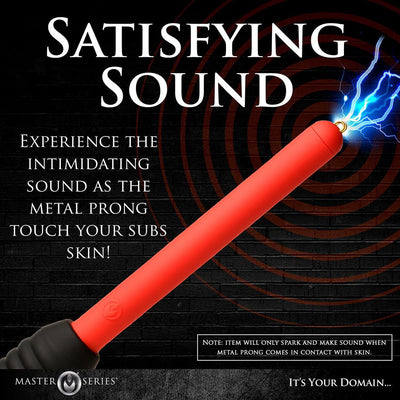 Orange Ms Spark Rod Zapping Wand with metal prongs sparking, shown against a dark background with promotional text.