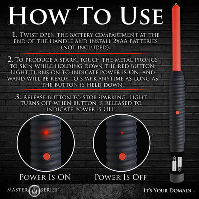 Instructional image showing how to use the Ms Spark Rod Zapping Wand with battery installation and power button indicators.
