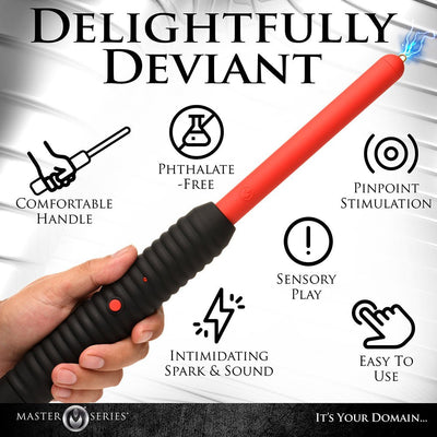 Hand holding Ms Spark Rod Zapping Wand with black ribbed handle and red shaft, highlighting features like pinpoint stimulation and sensory play.