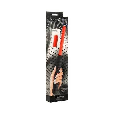 Packaging of Ms Spark Rod Zapping Wand showing black ribbed handle and long orange shaft for pinpoint stimulation.