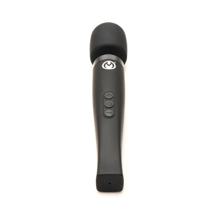 Black Ms Thunderstick Pro Wand Massager with flexible silicone head and three control buttons on handle against white background.
