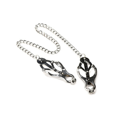 Silver spiked clover nipple clamps connected by a metal chain on a white background.
