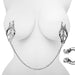 Silver spiked clover nipple clamps connected by a chain displayed on a white mannequin torso.