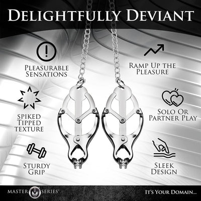 Silver spiked clover nipple clamps with chain, highlighting sturdy grip and sleek design for solo or partner play.