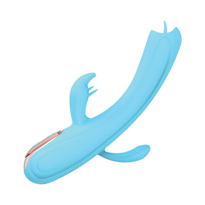 Blue silicone triple stimulation vibrator with flickering tongue tip and ergonomic design