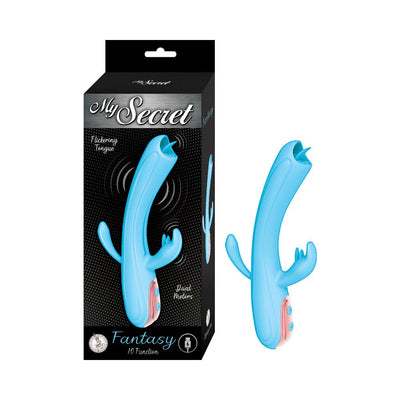 Blue My Secret Fantasy vibrator with flickering tongue tip and dual motors shown with packaging box.