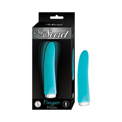 Blue finger-shaped vibrator with a smooth, curved design and one-button control, shown with black retail packaging.