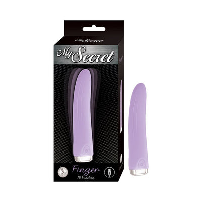 Purple finger-shaped vibrator with a smooth, curved design and one-button control, shown with its black and silver packaging.