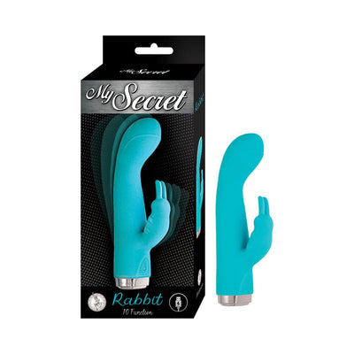 Blue silicone My Secret Rabbit vibrator with ergonomic curve and dual stimulation ears next to its black and silver packaging.