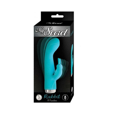 Packaging of My Secret Rabbit vibrator in teal with 10 vibration functions, featuring a curved design and rabbit-shaped stimulator.